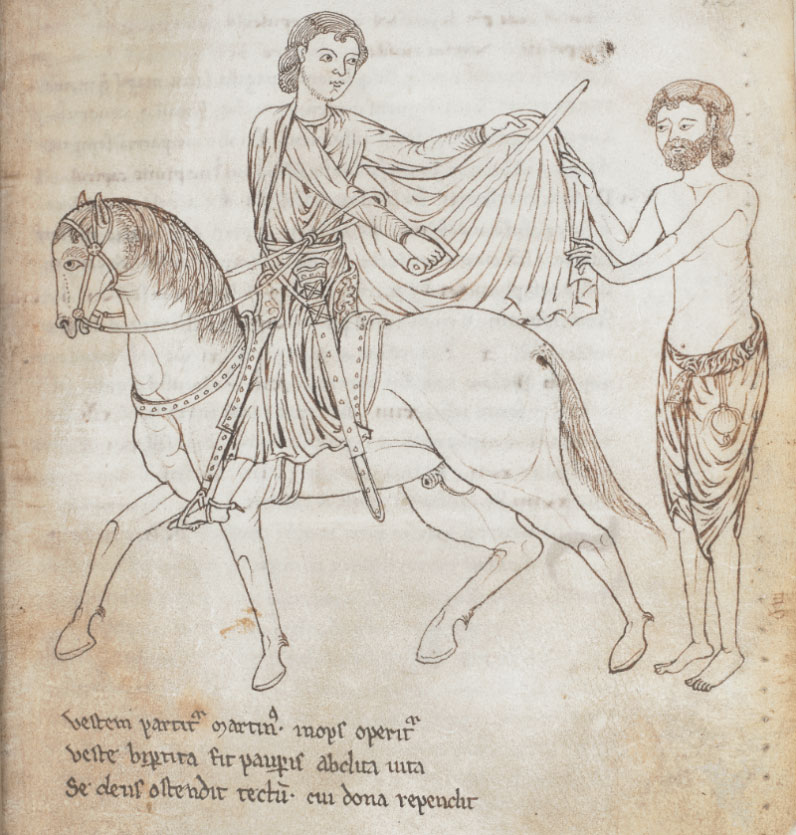 St Martin of Tours cutting his cloak for a beggar, 2nd half of the 12th century: Add MS 15219, f. 12r. © British Library